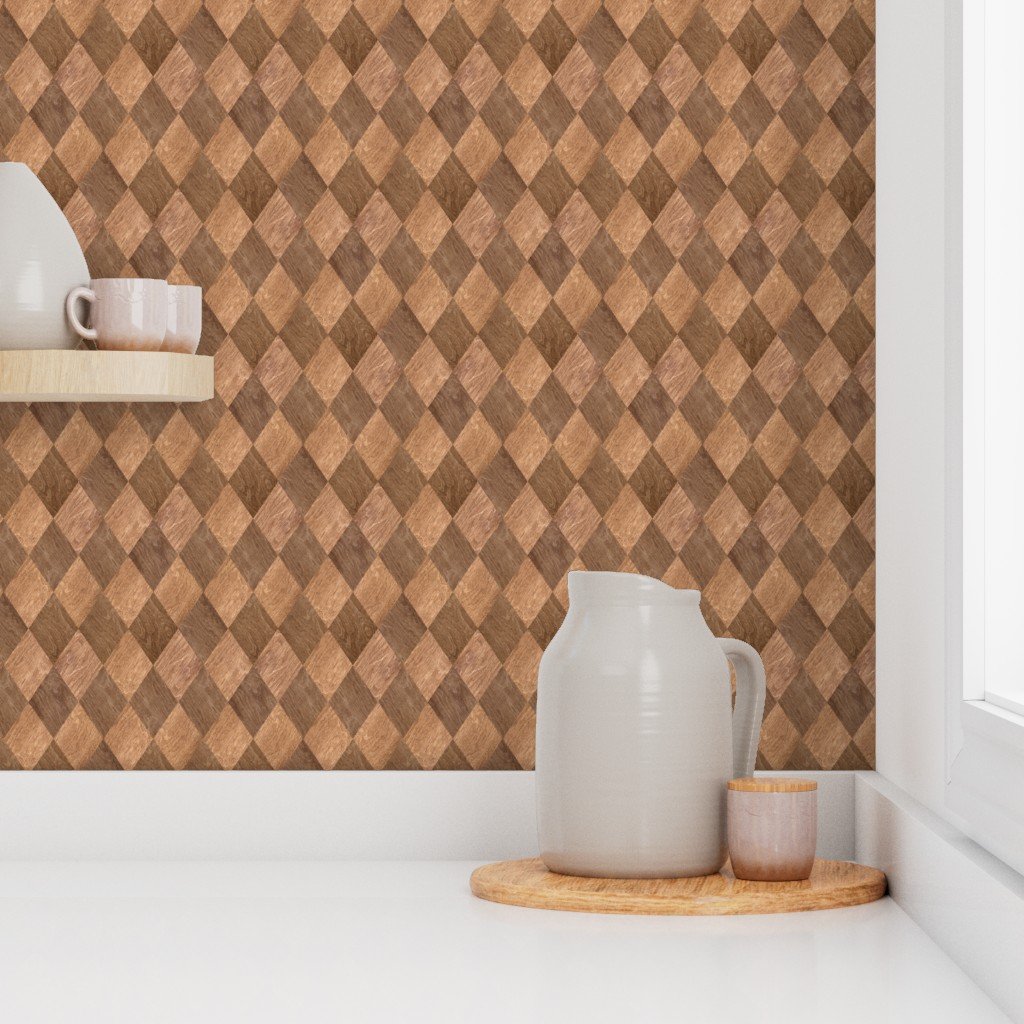 Light and Dark Wood Harlequin Diamond Check Marquetry Wallpaper wooden check wallpaper