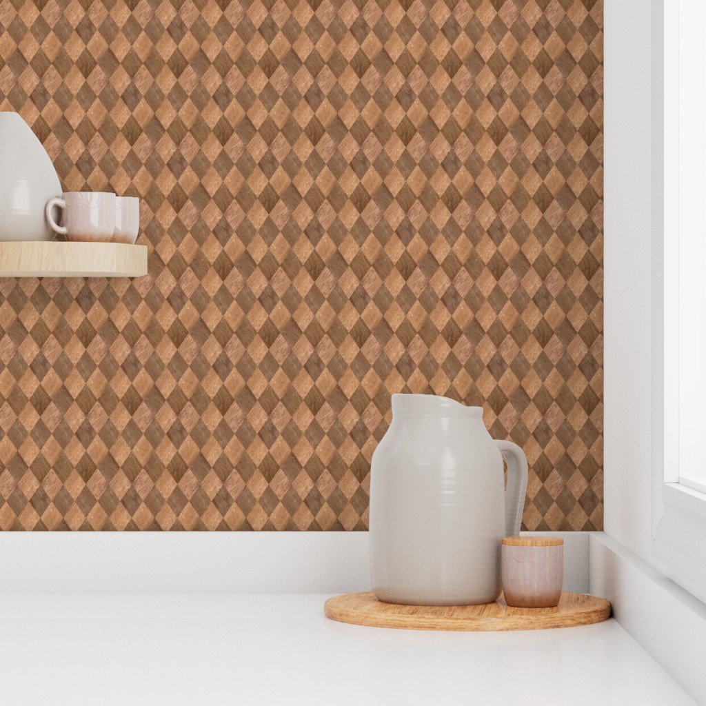 Small Light and Dark Wood Harlequin Diamond Check Marquetry Wallpaper diamond wallpaper