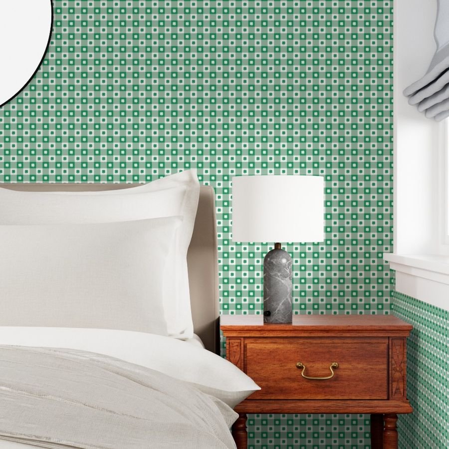 Kelly and White Gingham Check with Center Shamrock Medallions in Wallpaper st patricks wallpaper