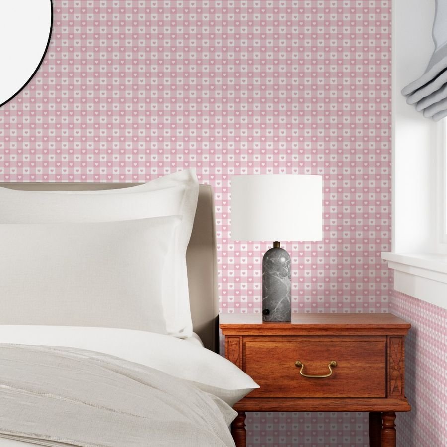 Cotton Candy and White Gingham Valentines Check with Center Heart Wallpaper gingham tablecloth wallpaper