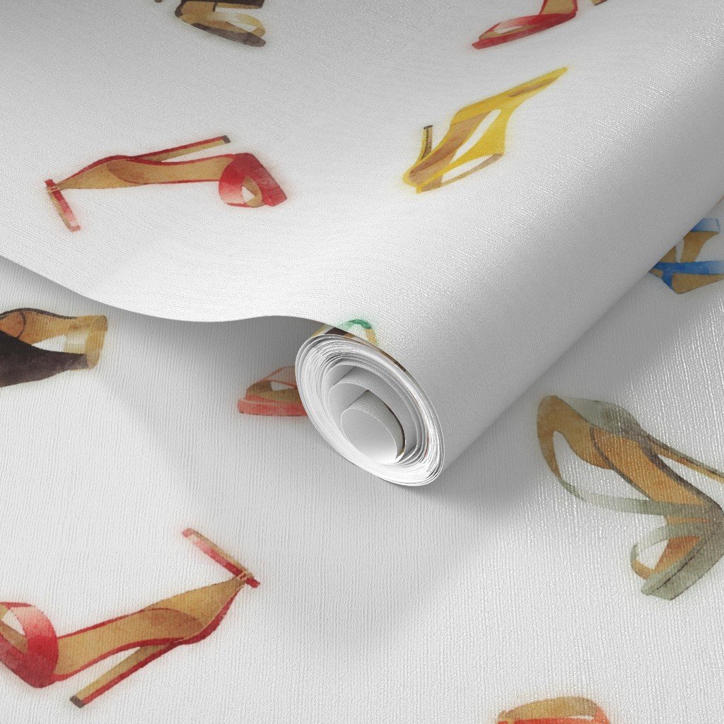 Vintage Multicolor Watercolor High Heel Shoes Tossed Pattern Wallpaper classic wallpaper