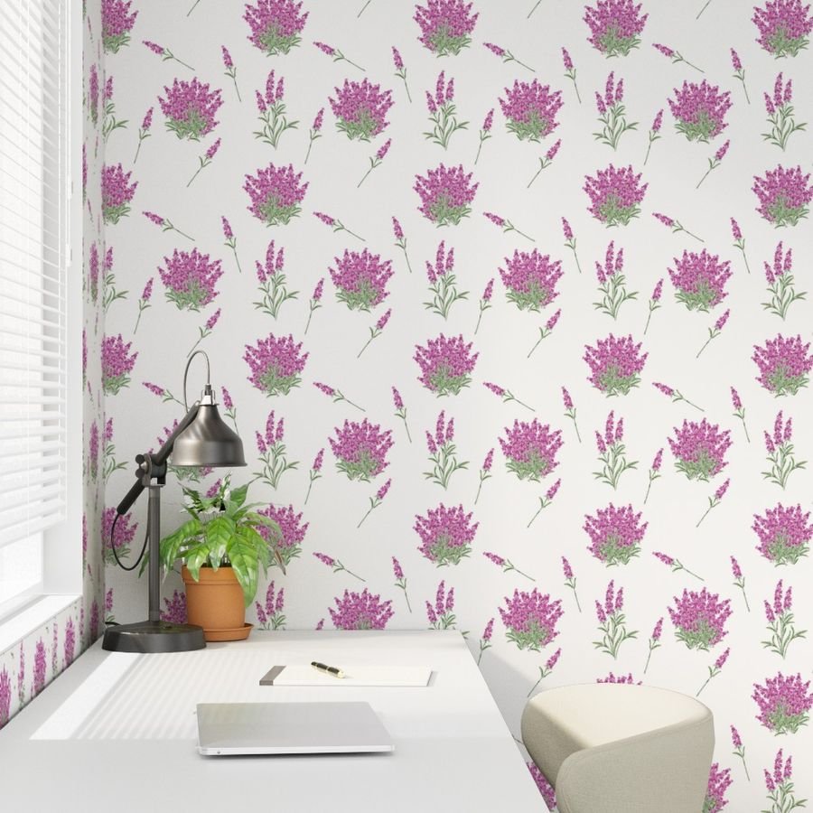 Pink Floral Sprig on White Wallpaper lavender sprigs wallpaper