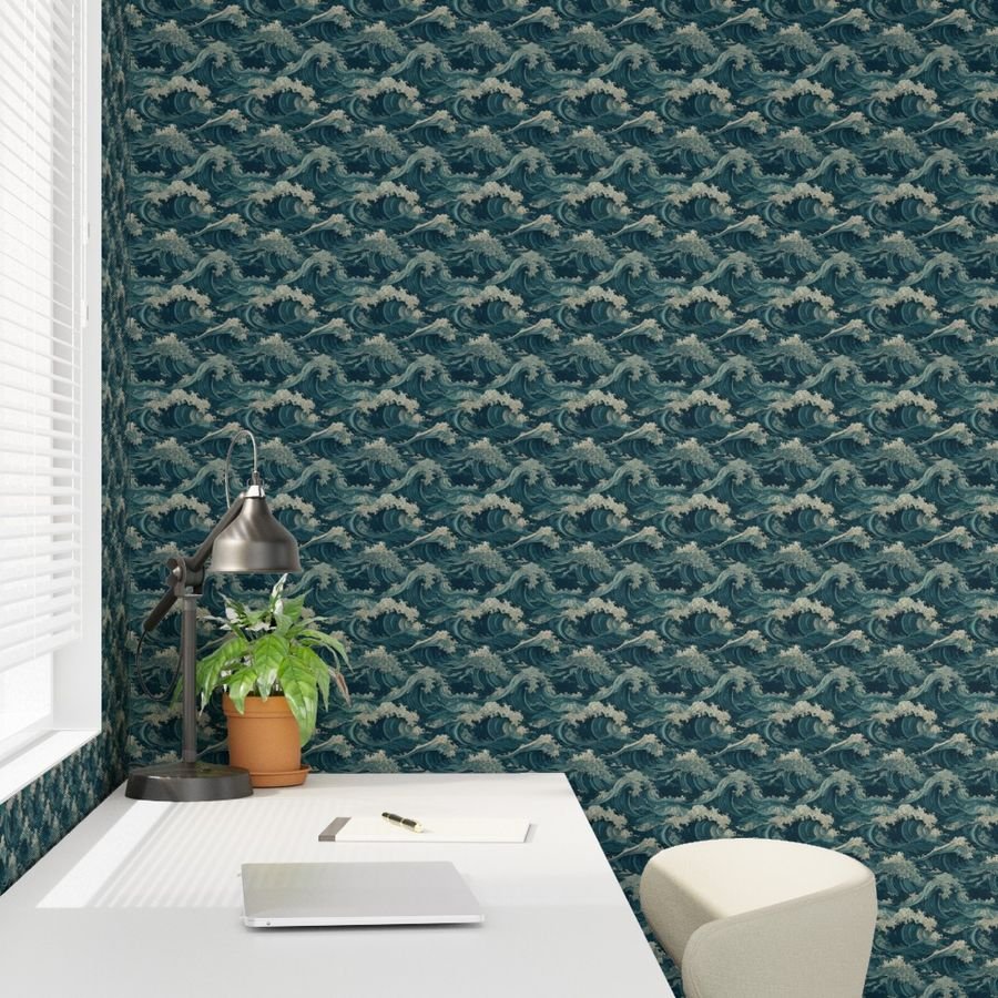 Japanese Woodcut Big Tsunami Waves in Shades of Blue Wallpaper japanese woodcut wallpaper