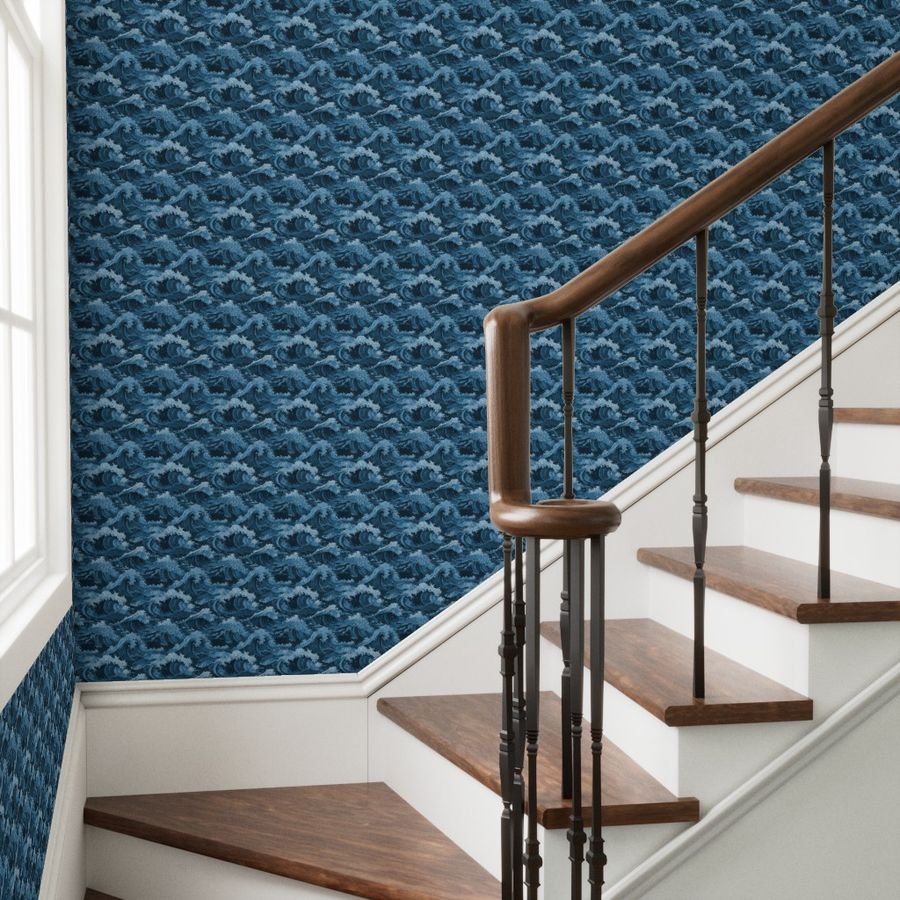 Japanese Woodcut Big Tsunami Waves in Shades of Mid-Blue Wallpaper japanese waves wallpaper