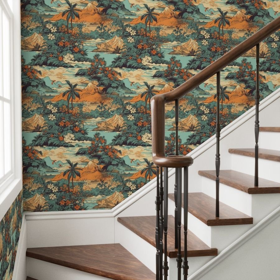 Vintage Hawaiian Landscape Teal Interior Collection Home Styling Collection tropical landscape wallpaper