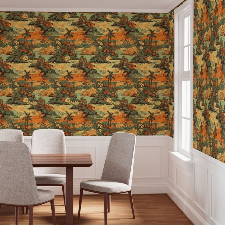Vintage Hawaiian Landscape Green Wallpaper tropical landscape wallpaper