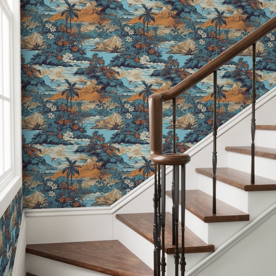 Vintage Hawaiian Landscape Blue Wallpaper tropical landscape wallpaper