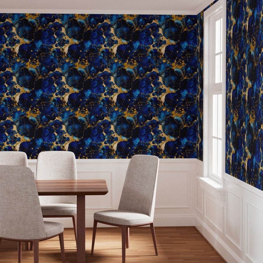 Cobalt Blue and Gold Alcohol Ink 2 Wallpaper inky swirls wallpaper