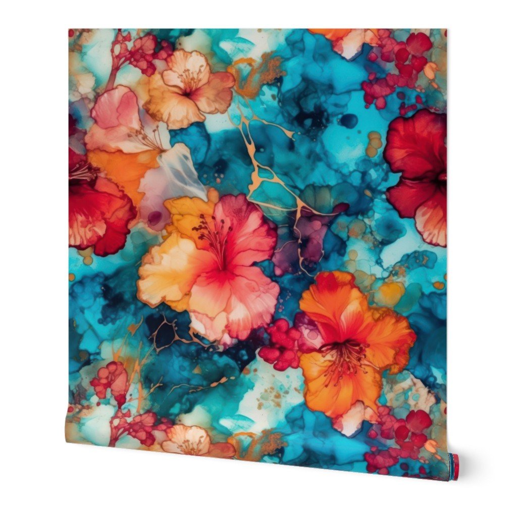 Hawaiian Alcohol Ink Wallpaper hibiscus pattern wallpaper
