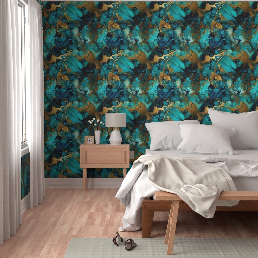 Turquoise and Gold Alcohol Ink 1 Wallpaper marbled ink wallpaper