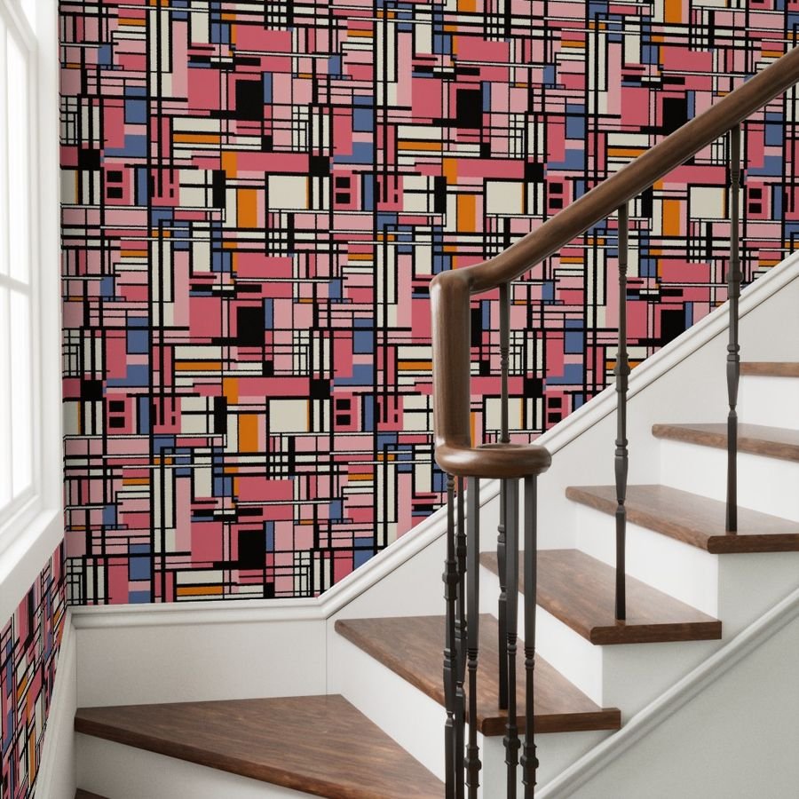 De Stijl Geometric Color Pattern in Pink Wallpaper geometric art wallpaper