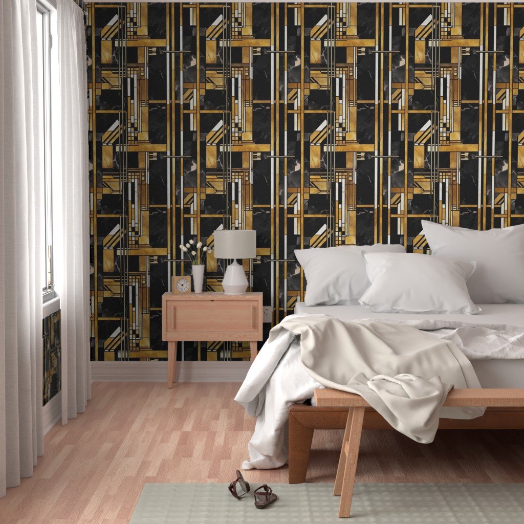 De Stijl Geometric Art Deco Pattern in Black and Gold Wallpaper gold art deco wallpaper