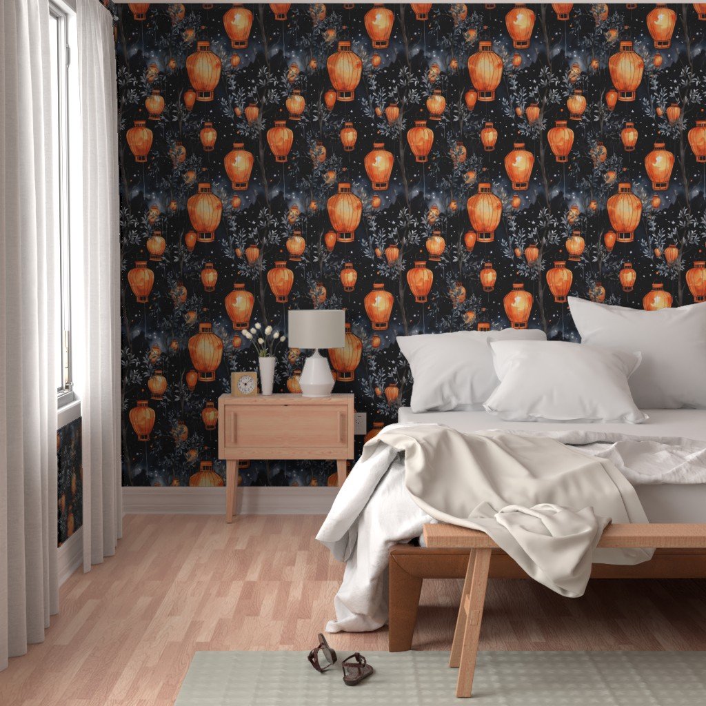 Orange Glowing Chinese Paper Lanterns Watercolor Wallpaper orange lanterns wallpaper