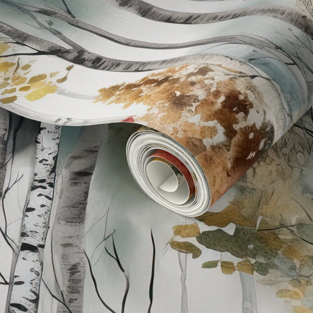 Endless Birch Tree Dreamscape Trees in Misty Forest Watercolor Wallpaper forest watercolor wallpaper