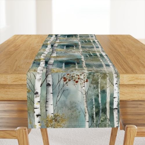 Endless Birch Tree Dreamscape Trees in Misty Forest Watercolor Design Collection Home Decor Collection birch trees table runner design