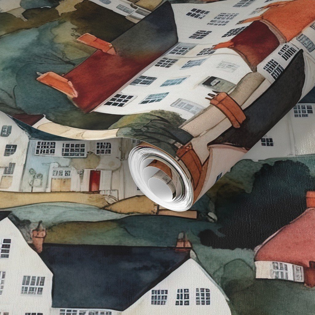English Village Houses in Watercolor Wallpaper watercolor houses wallpaper