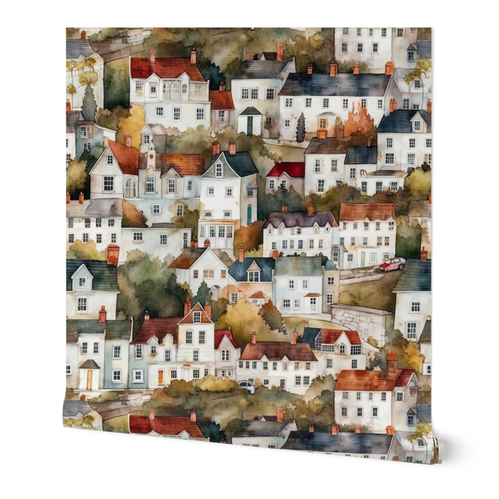 English Town Houses in Watercolor Wallpaper watercolor houses wallpaper