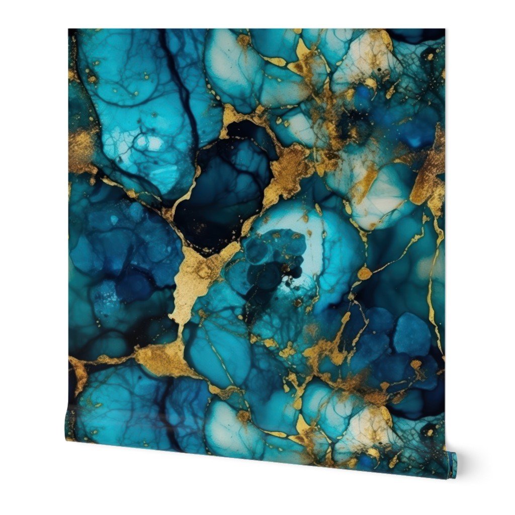 Blue Topaz with Gold Alcohol Ink Wallpaper inky swirls wallpaper