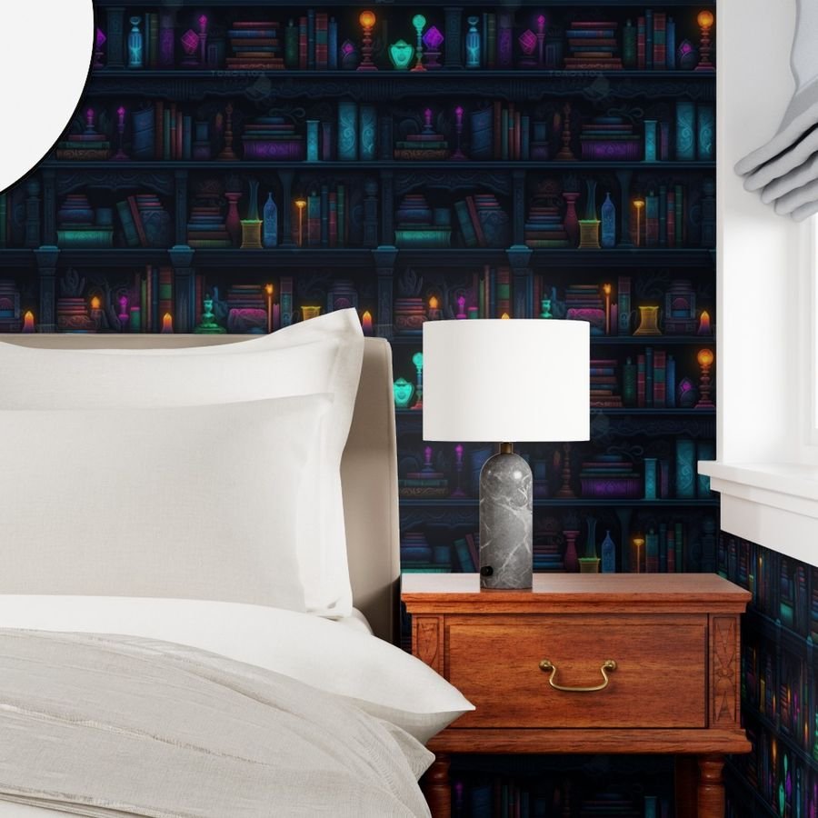 Spooky Photo realistic Dark Academia Bookshelves in Bright Neons Wallpaper neon library wallpaper
