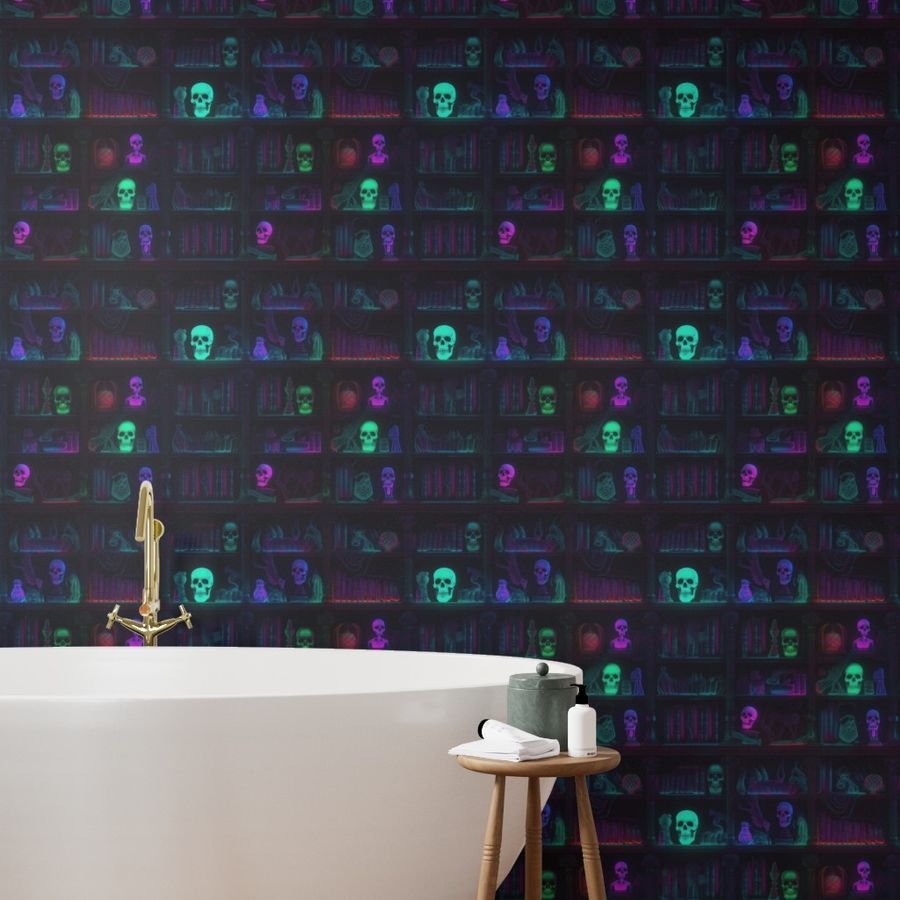Spooky Photo realistic Dark Academia Bookshelves in Bright Neons Wallpaper neon library wallpaper