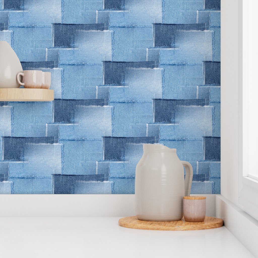Abstract Patchwork Pattern of Frayed and Fringed Patches of Blue Wallpaper denim blue wallpaper