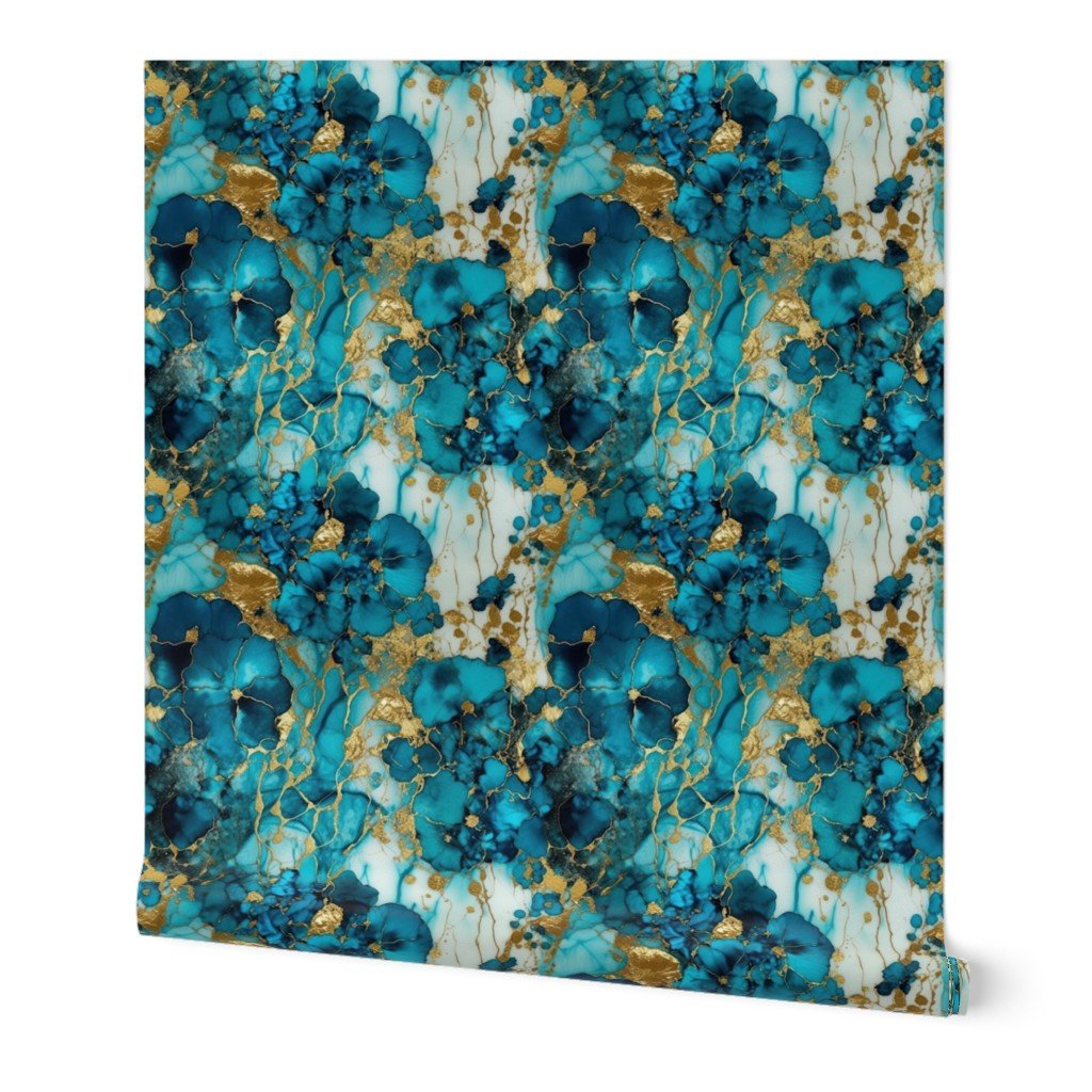 Small Turquoise and Gold Alcohol Ink 4 Wallpaper marbled ink wallpaper