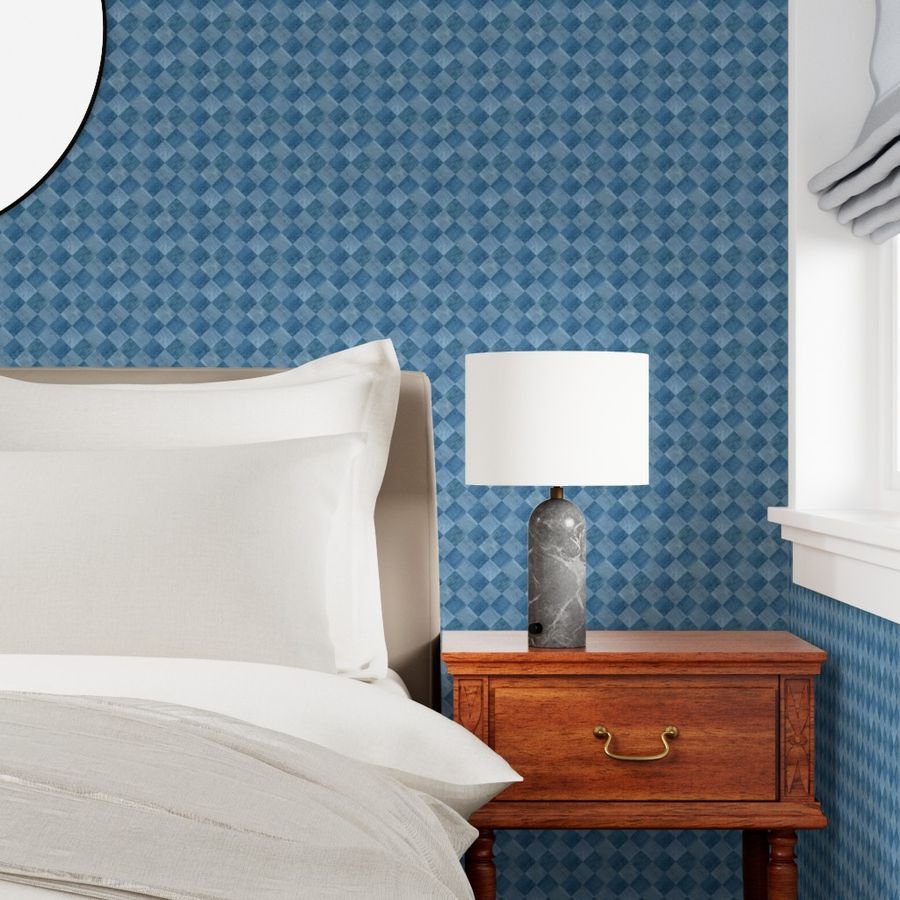 2 inch Diagonal Light and Dark Blue Stained Wood Checkerboard Chess Wallpaper inlaid wood wallpaper