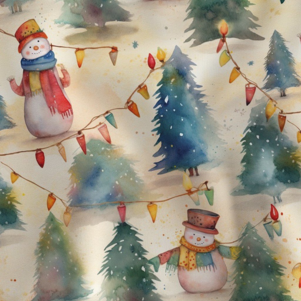 Christmas Snowmen with Christmas Lighted Trees Watercolor Fabric christmas lights fabric