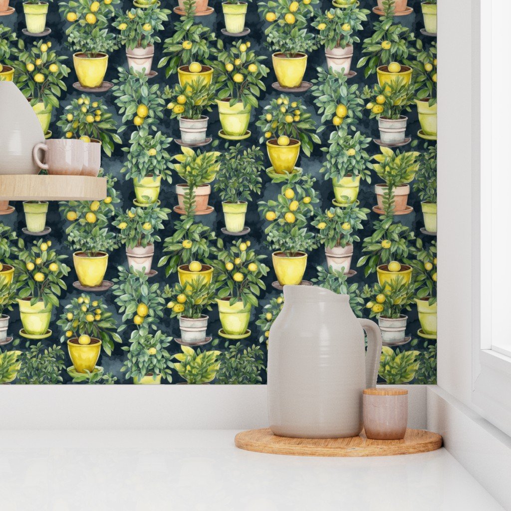Potted Lemon Trees Watercolor on Dark Green Wallpaper potted lemon wallpaper
