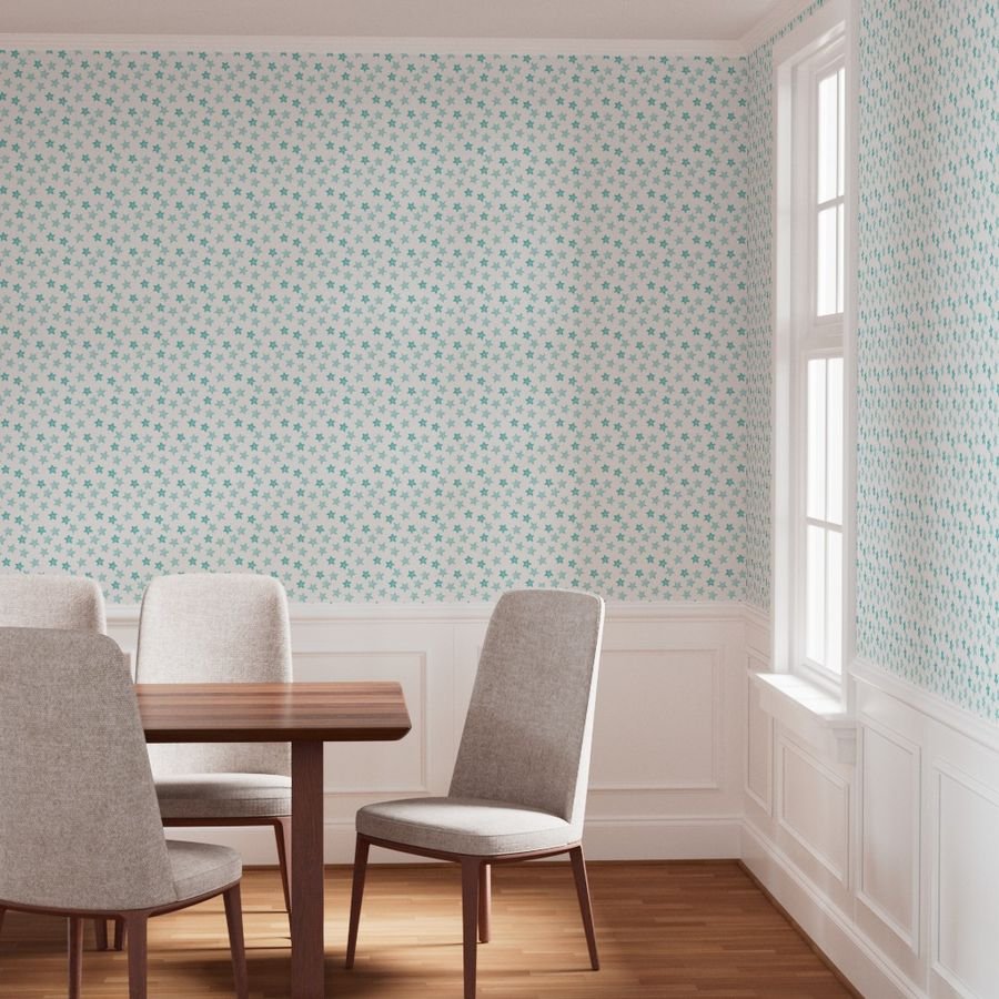 Faded Aqua Christmas Stars on White Wallpaper christmas pattern wallpaper