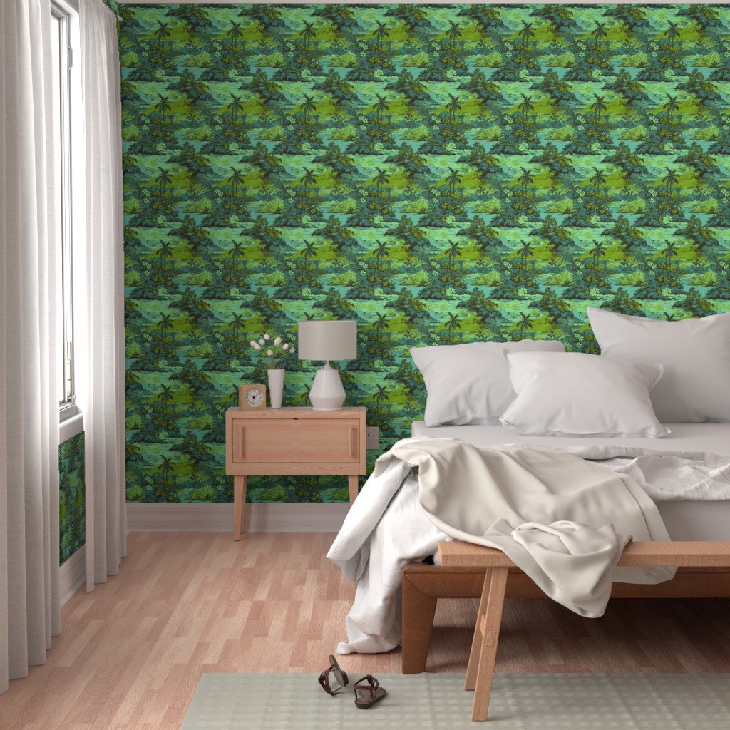 Small Vintage Hawaiian Landscape in Lime and Aqua Wallpaper hawaiian village wallpaper
