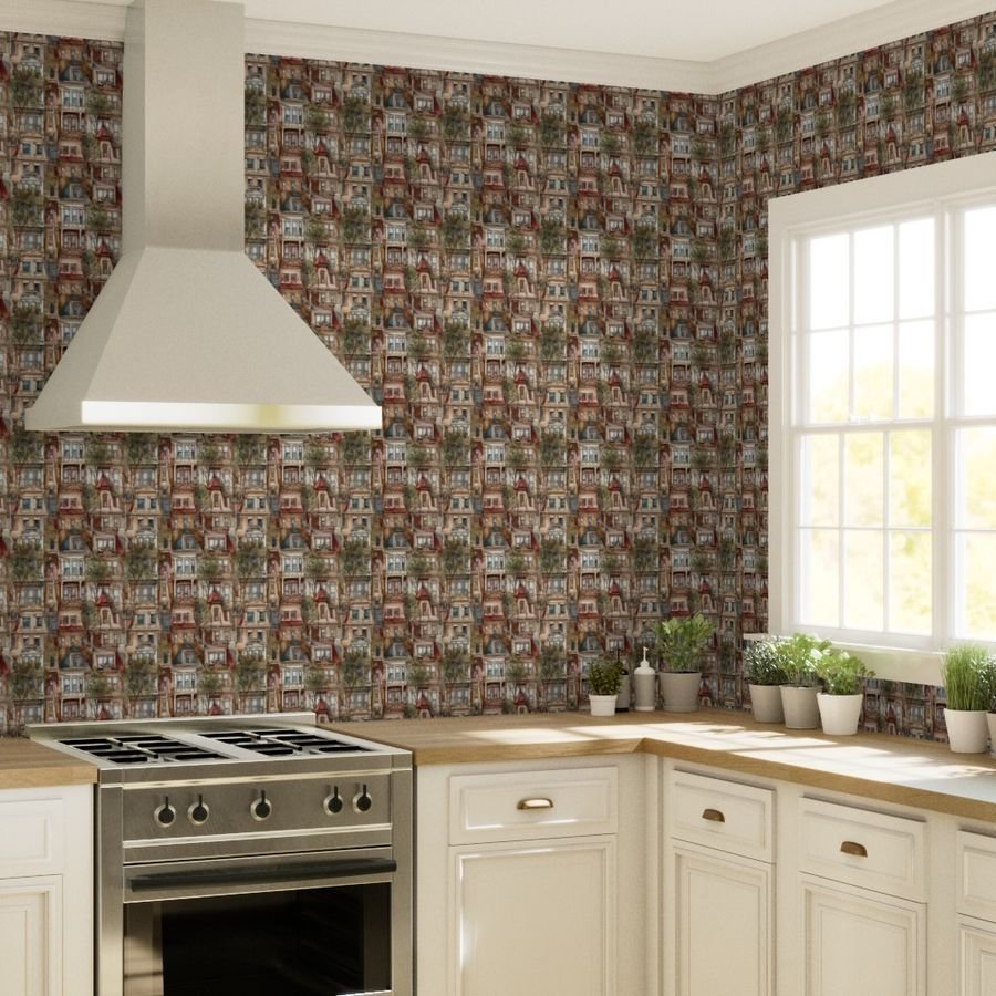 Brownstone Buildings in Varied Tones of Brown Watercolor Wallpaper architect wallpaper