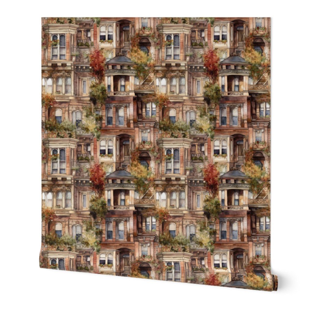 Brownstone Buildings in Varied Tones of Brown Watercolor Design Collection Interior Collection arches wallpaper