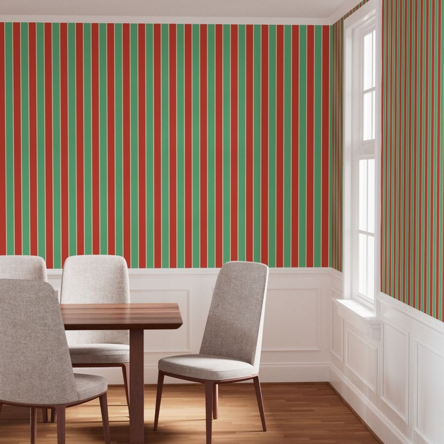 3 Inch Red Vermillion Green and Yellow Gold Vintage Christmas Stripe Wallpaper red vermillion wallpaper