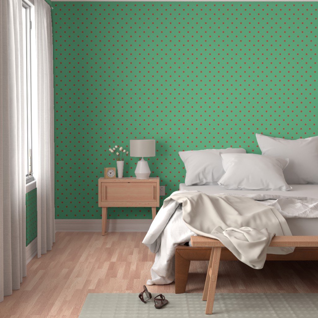 Red Vermillion Polka Dots on Vintage Christmas Green Wallpaper polka dot wallpaper