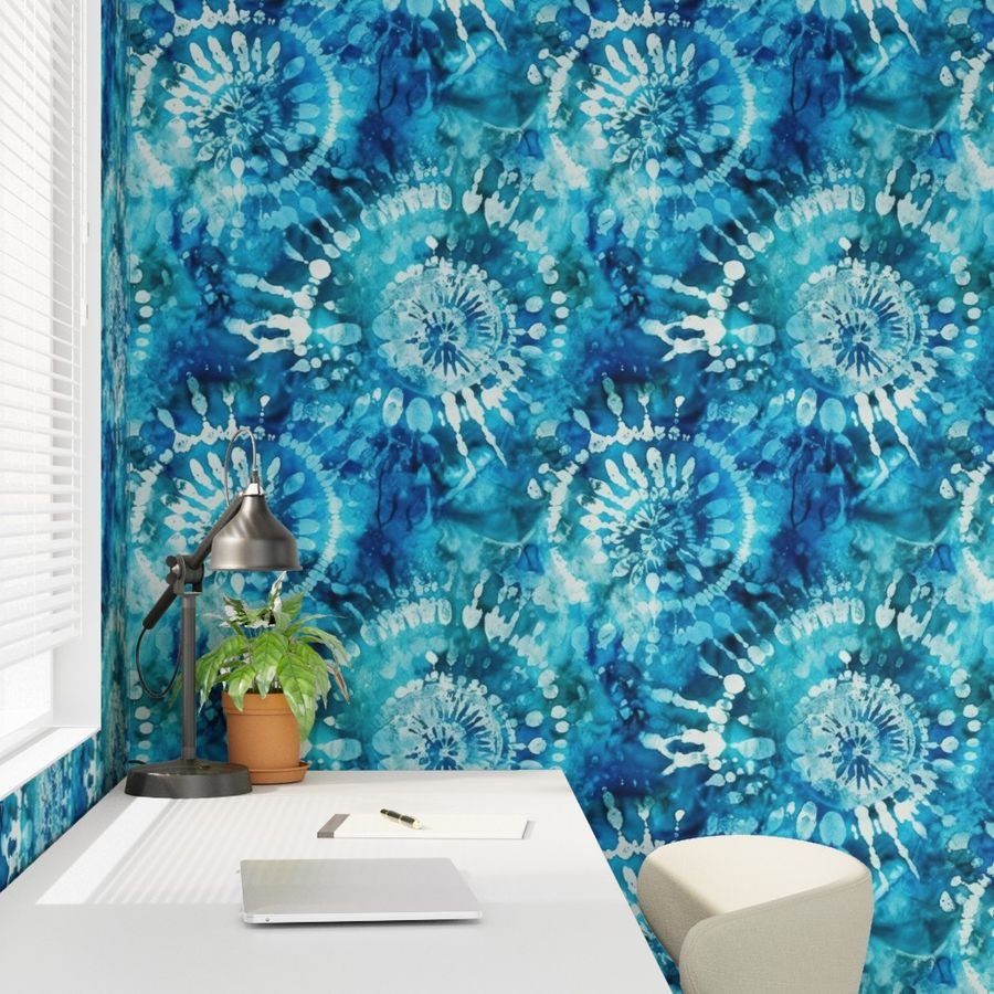 Jumbo Tie Dye Batik in Bright Blue Circling Swirls on Teal Wallpaper ethnic dye wallpaper