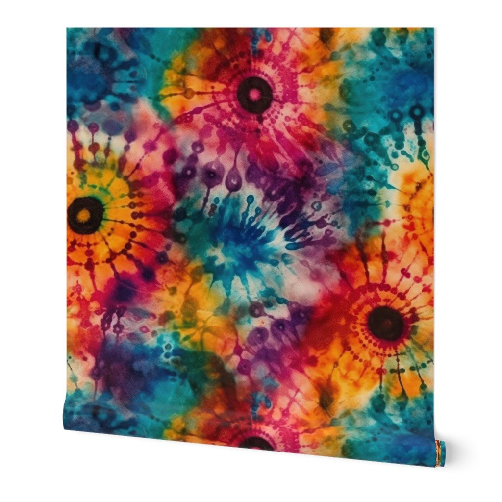 Jumbo Tie Dye Batik in Bright Multi Rainbow Colors Circling Swirls Interior Collection Home Styling Collection dye technique wallpaper