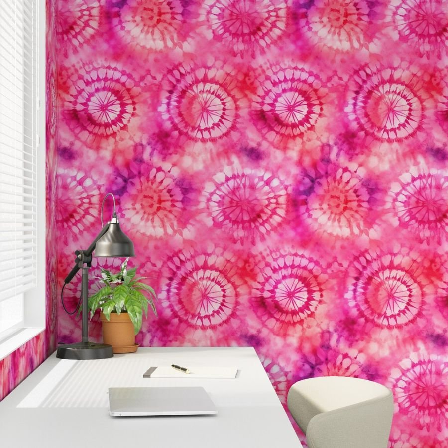 Jumbo Tie Dye Reddish Pink and Purple Circling Swirls Wallpaper pink batik wallpaper
