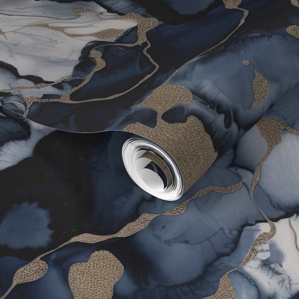 Twilight Navy Blue and Grey with Antique Gold Alcohol Ink Liquid Wallpaper twilight grey wallpaper