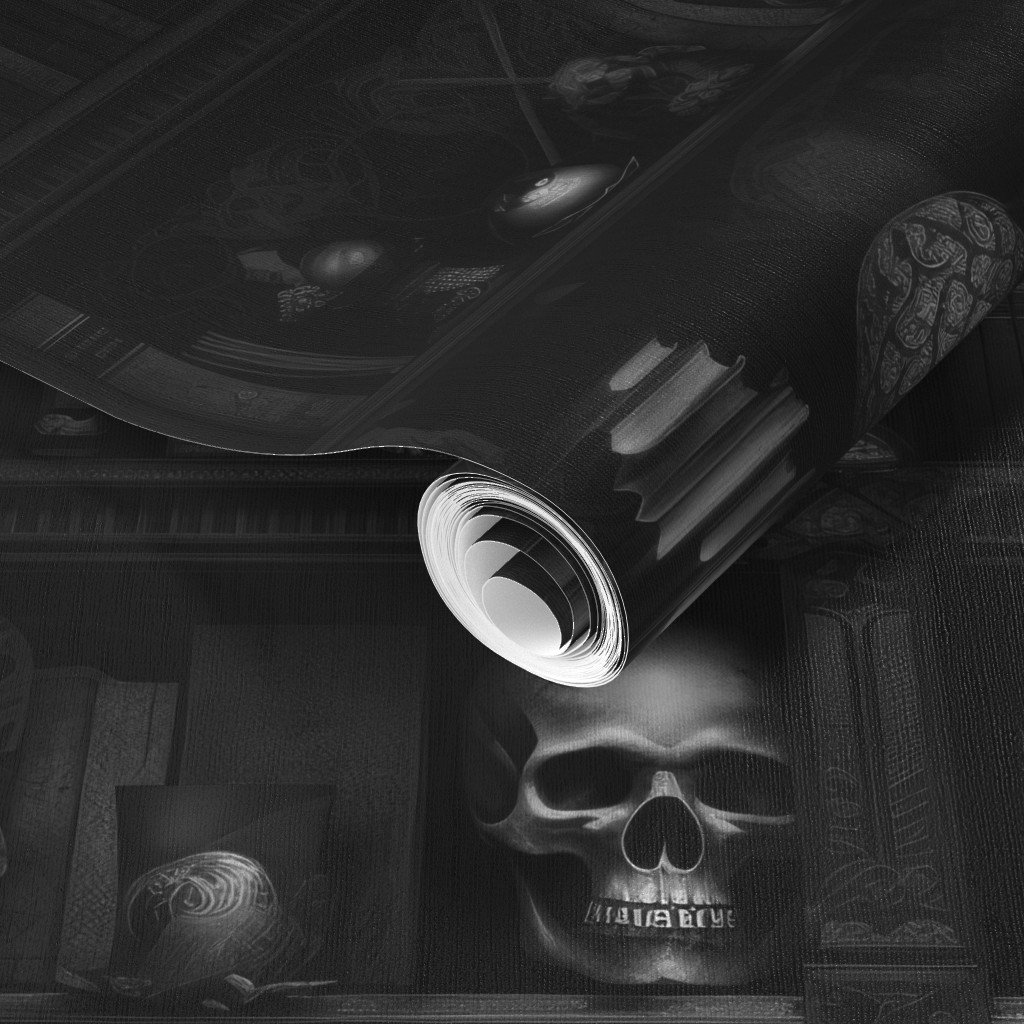 Spooky Photo realistic Dark Academia Bookshelves in Black and White Wallpaper lantern skulls wallpaper