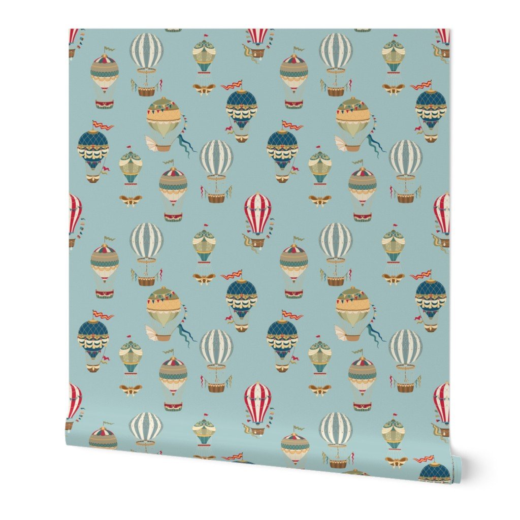 Small Vintage Hot Air Balloons in Sky Blue Wallpaper striped balloons wallpaper