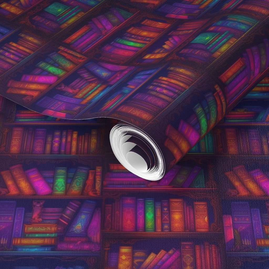 Small Wizard Spooky Neon Halloween Books on Library Spell Book Shelf Wallpaper magic spells wallpaper