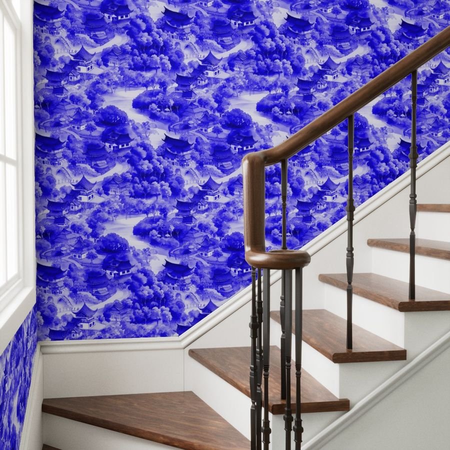Small Chinese Village in Royal Blue Porcelain Glaze Wallpaper chinese porcelain wallpaper