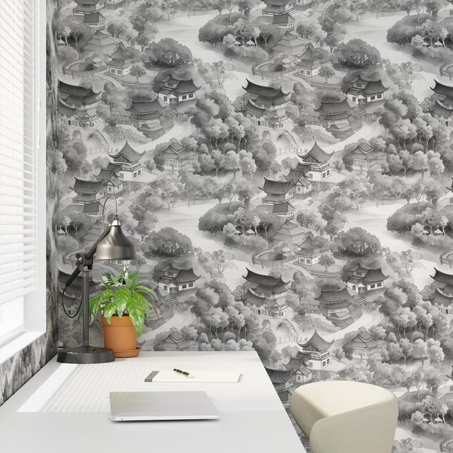 Small Chinese Village in Grey Porcelain Glaze Wallpaper grey china wallpaper