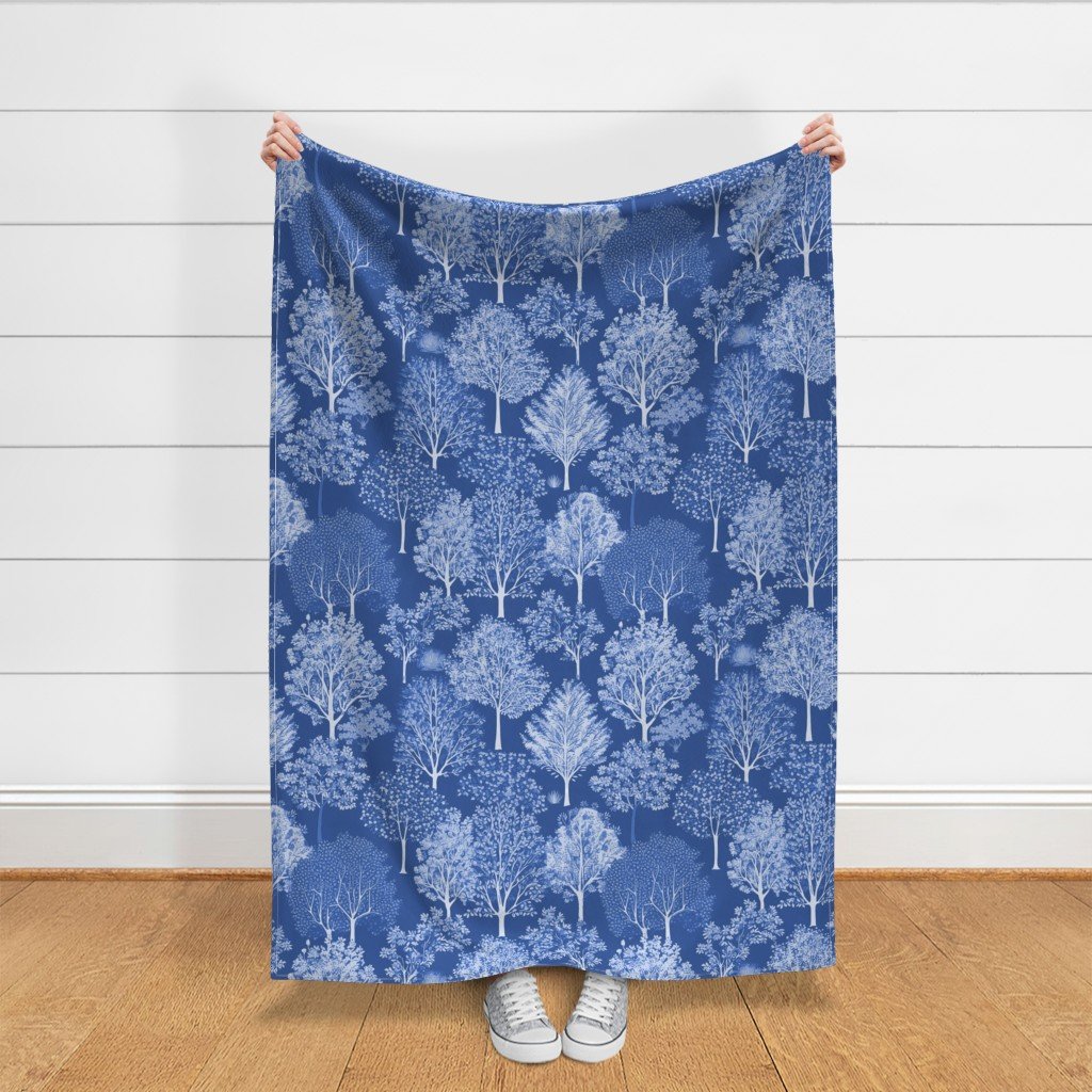 New England Endless Forest Trees Winter Light Blue Porcelain Glaze Fabric blue forest fabric