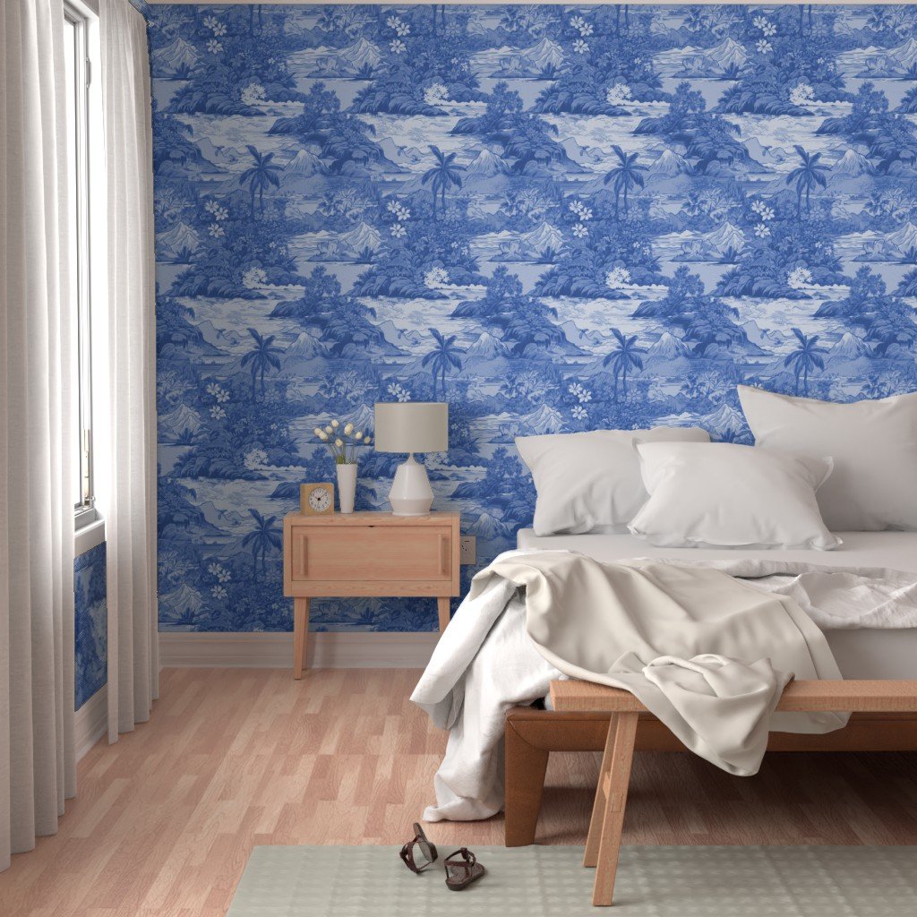 Vintage Hawaiian Landscape in Light Blue Porcelain Glaze Wallpaper light blue glaze wallpaper