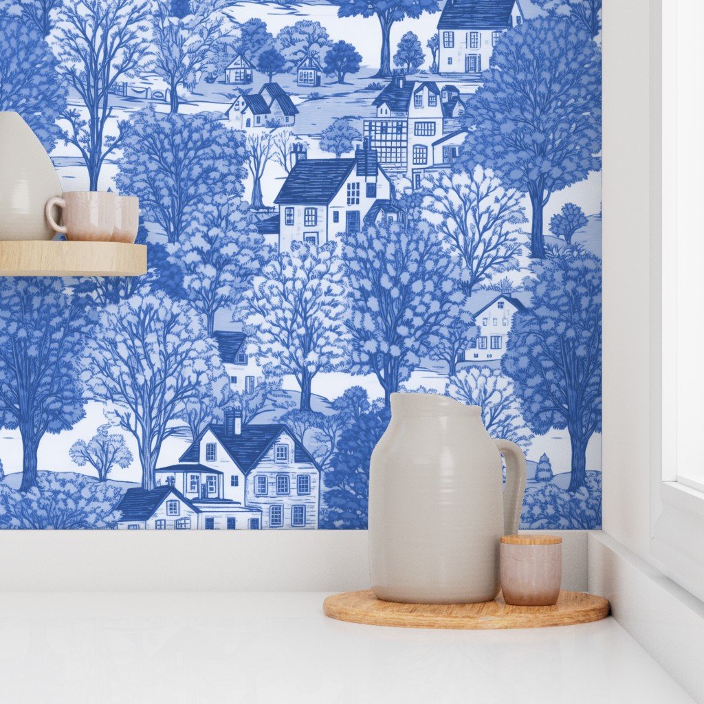 New England Village Houses with Trees in Light Blue Porcelain Glaze Wallpaper new england trees wallpaper