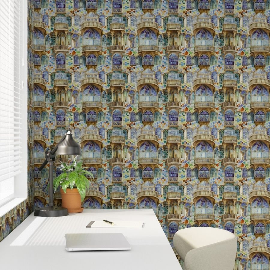 Barcelona House Architectural Detail in Windows Columns Arches and Wallpaper brown decor wallpaper