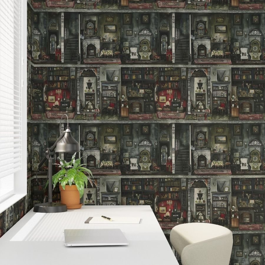 Victorian Gothic Dollshouse with Dark Academia Watercolor Decor 1 Wallpaper dolls house decor wallpaper