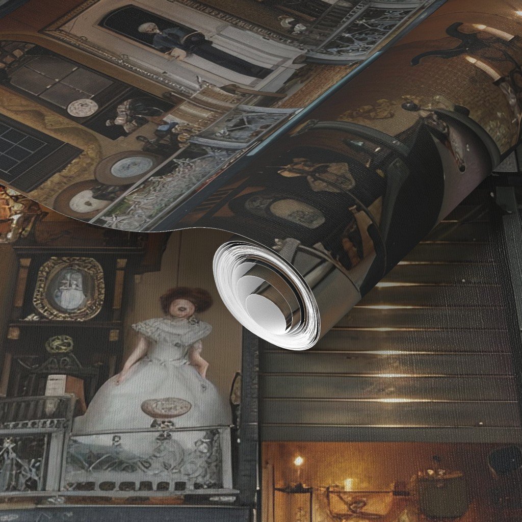 Victorian Gothic Haunted Dollshouse with Dolls in Dark Academia Wallpaper dolls house wallpaper